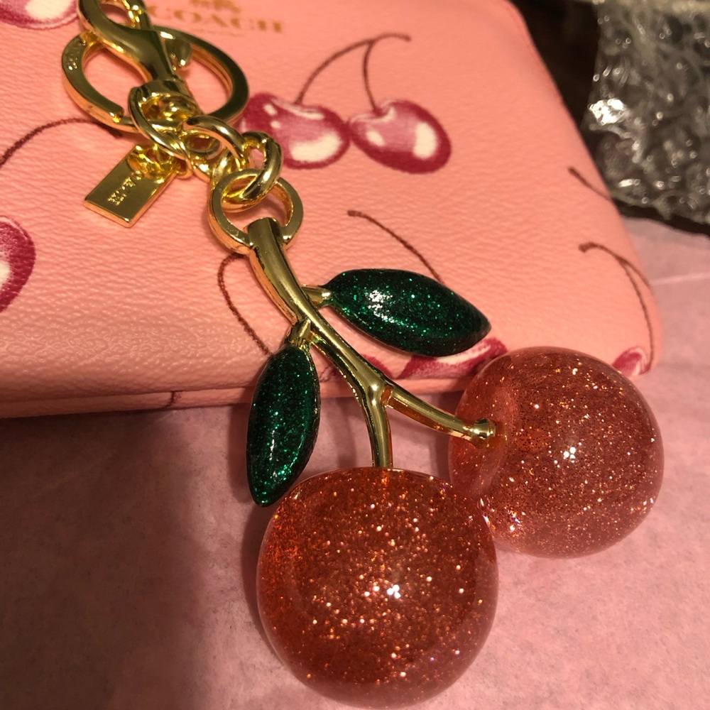NWOT Coach Gold Pink & Green Cherry 🍒 Glitter Bag Charm